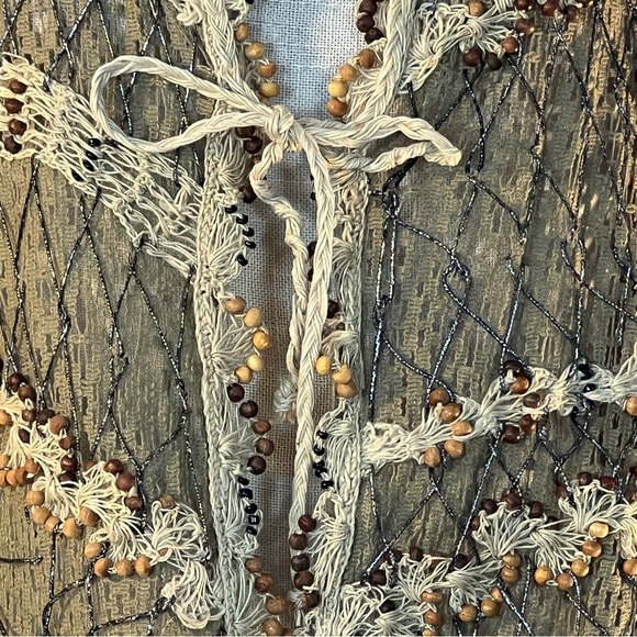 Jessica London Boho Beaded Cardigan Tan & Brown Long Sleeves Cotton Tie Front XL - Picture 4 of 9